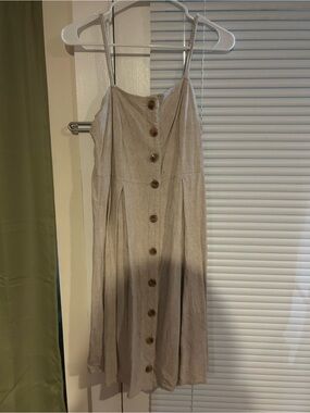 Button-Front Spaghetti Strap Midi Dress in Beige